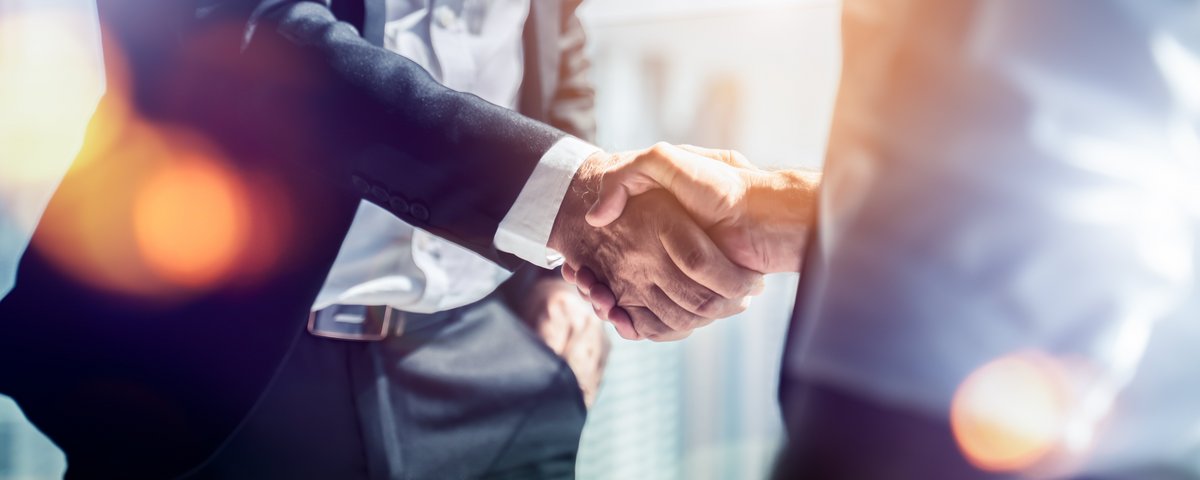 Two people shake hands in a bright, sunlit office.